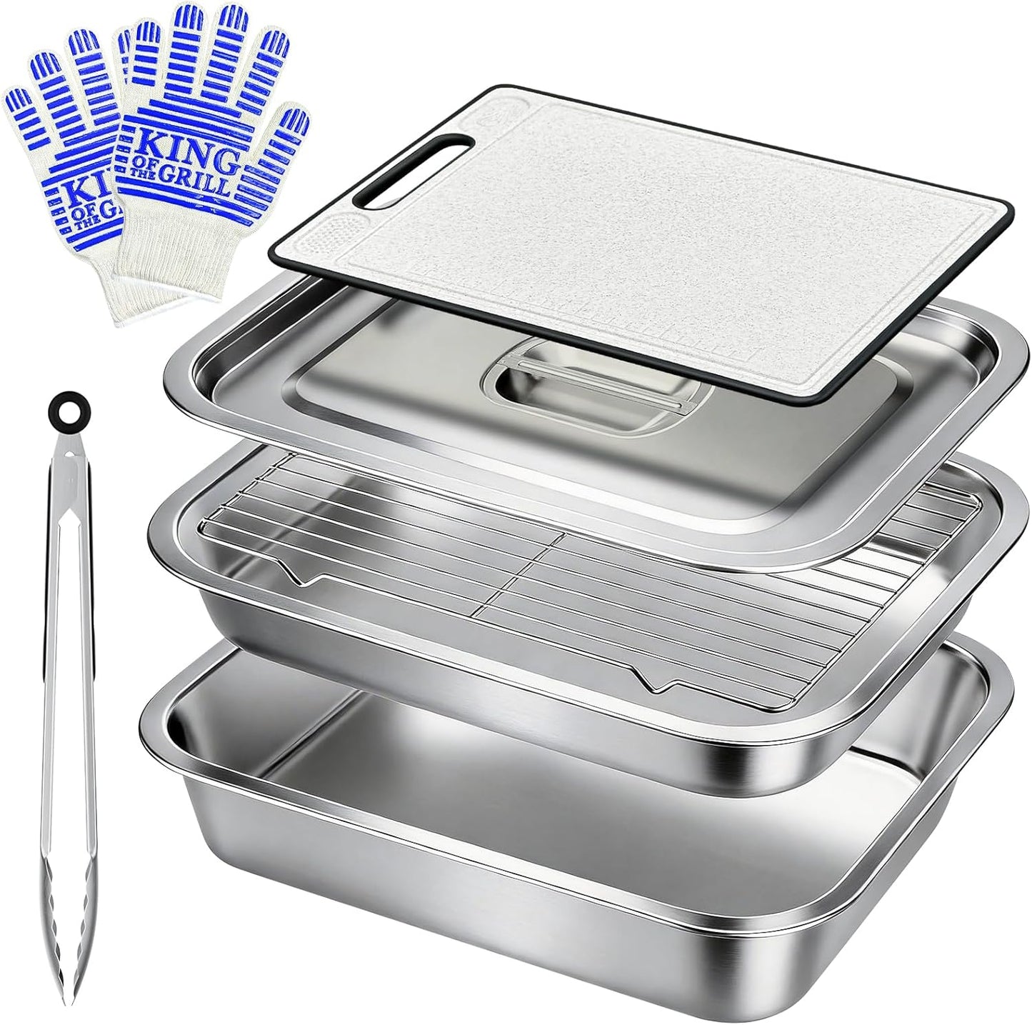 7-Piece Grill Prep and Carry System,Stainless Steel BBQ Marinating Container with Lid,Cutting Board Wire Rack Tongs & Heat Resistant Gloves,Stackable Food Tray Accessories for Outdoor &Camping Cooking