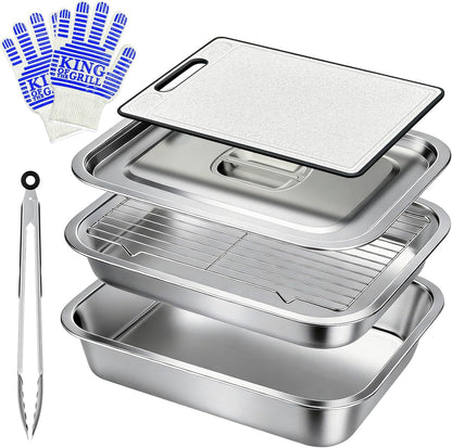 7-Piece Grill Prep and Carry System,Stainless Steel BBQ Marinating Container with Lid,Cutting Board Wire Rack Tongs & Heat Resistant Gloves,Stackable Food Tray Accessories for Outdoor &Camping Cooking