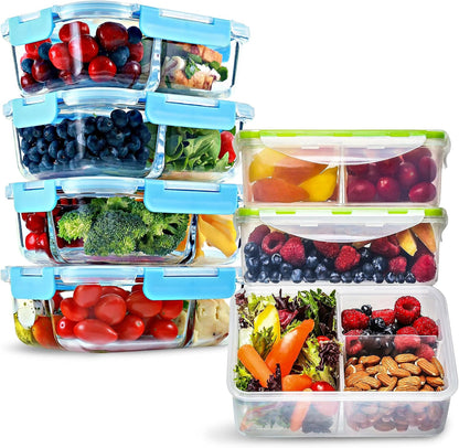 FIT Strong & Healthy 2 & 3 Compartment Glass Meal Prep Containers Glass Bento Box (4 Pack, 32 oz) & Bento Box Meal Prep Containers with Lids, Microwave, Freezer, Dishwasher Safe (3 Pack, 39 oz) Bundle