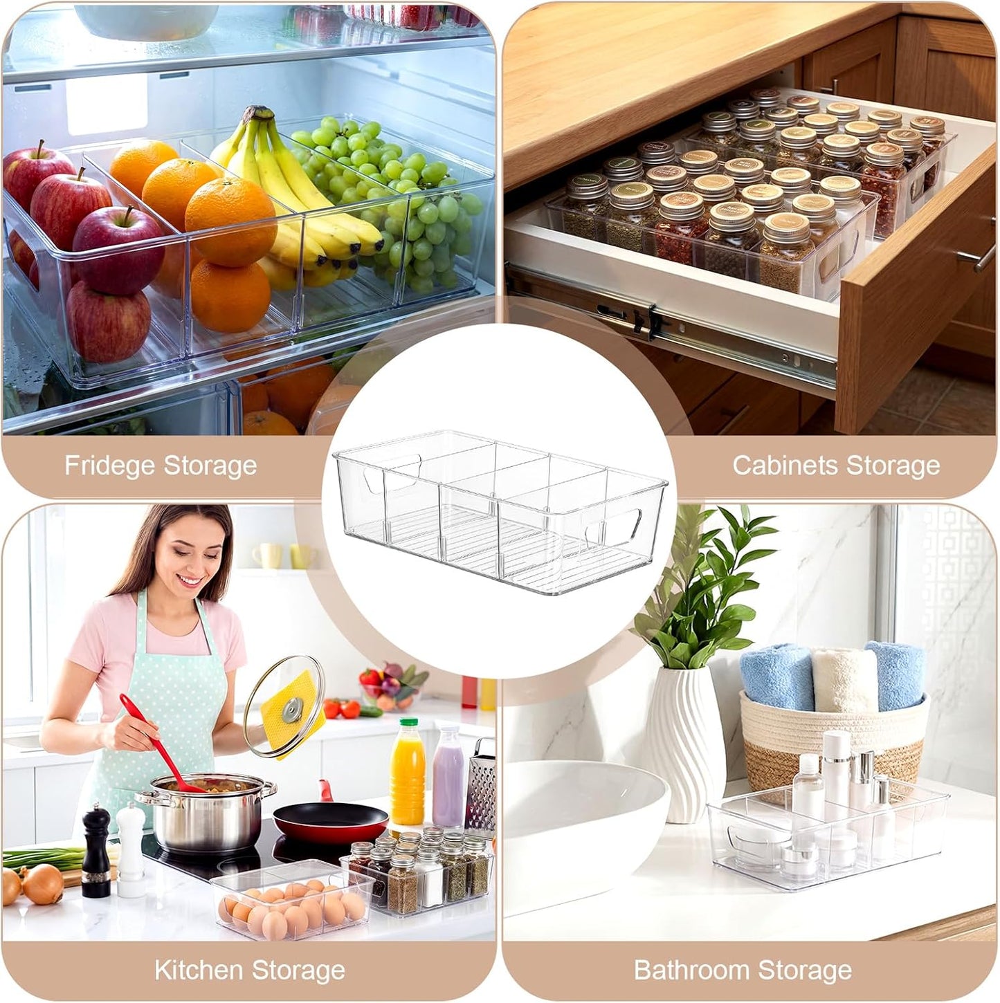 8 Pcs Pantry Organizers Bins, Clear Plastic Stackable Snack Storage Containers with 3 Dividers for Kitchen Cabinet Fridge Shelf Organization, 4 Compartment Holder