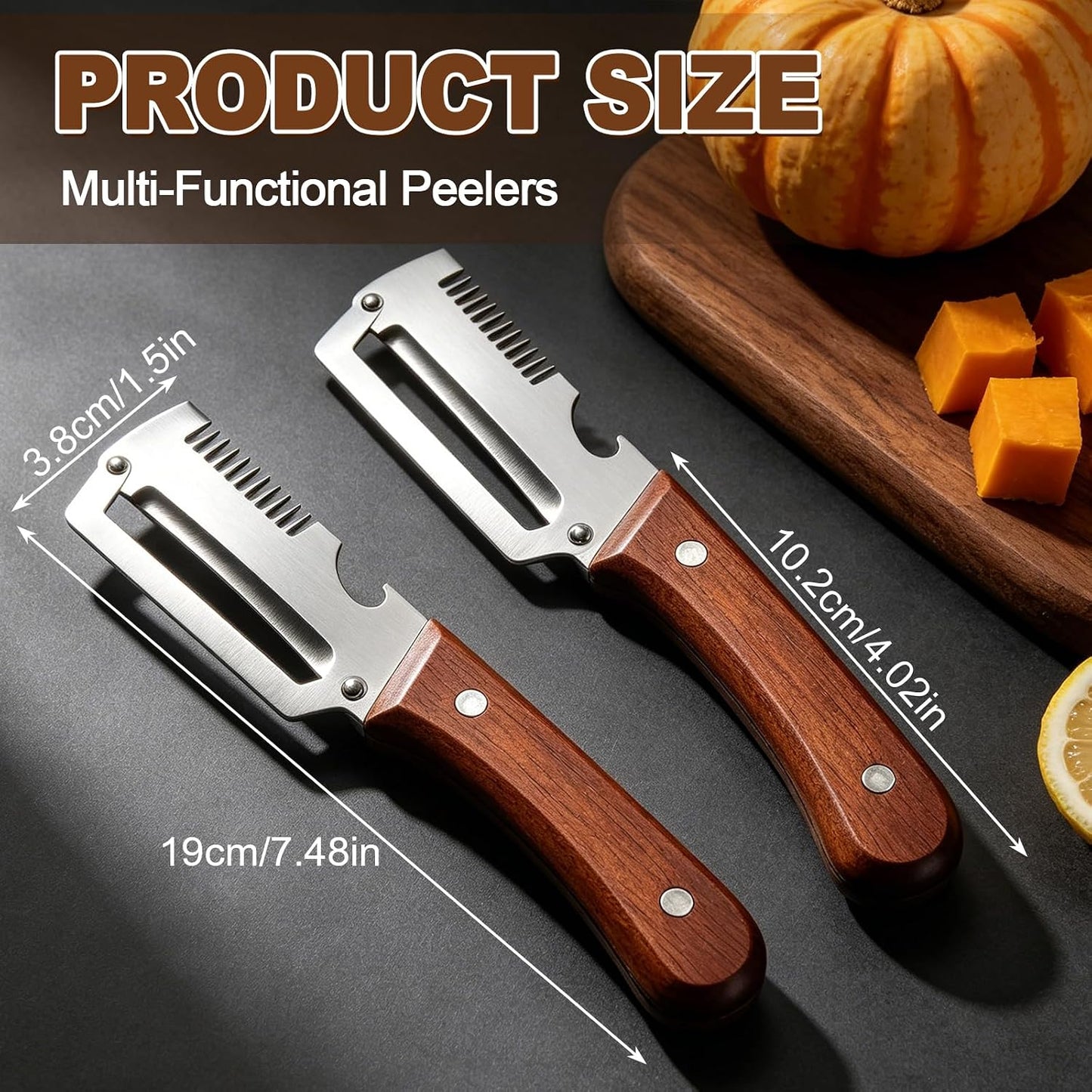 Multifunctional Vegetable Peeler for Kitchen, 3-in-1 Stainless Steel Potato Carrot Peeler with Bottle Opener, Zero Snag Wooden Peeler for Fruits & Veggies (2 PCS)