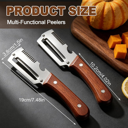Multifunctional Vegetable Peeler for Kitchen, 3-in-1 Stainless Steel Potato Carrot Peeler with Bottle Opener, Zero Snag Wooden Peeler for Fruits & Veggies (2 PCS)