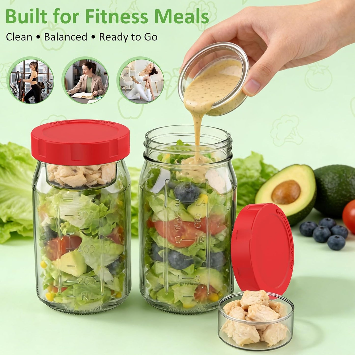 4Pack Glass Salad Jars with Lids, 32oz Salads Mason Jars with Wet/Dry Separation Cup, Meal Prep Salad Containers for Lunch, Leakproof Wide Mouth Food Storage Containers, BPA-Free Reusable (Orange)
