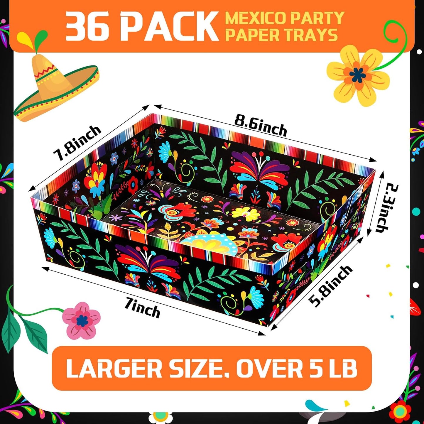 Harloon 36 Pack Mexican Nacho Trays 5 lb Extra Large Mexican Paper Food Trays Fiesta Disposable Cardboard Serving Boats for Cinco De Mayo Taco Fries Snacks Birthday Party Supplies(Floral)