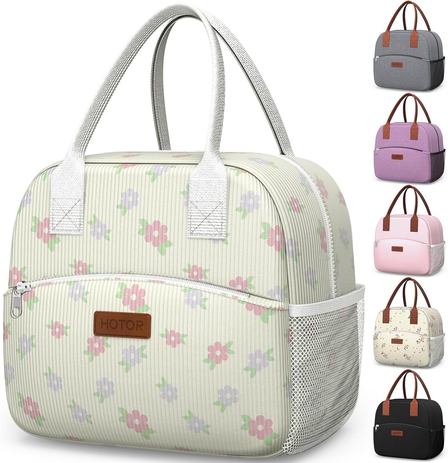 HOTOR Lunch Bag for Women & Men - Wear-Resistant Insulated Lunch Box with Large Capacity, Multi-Functional Cooler Bag for Office, Picnic, Pink with White Daisy, 10L,10.60" x 5.90" x 9.50"