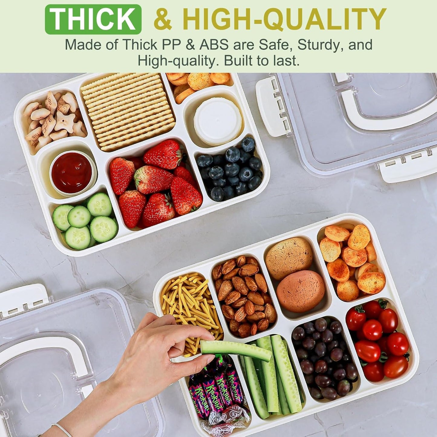 Caperci Snackle Box Container - Large 8 Compartments Divided Serving Tray with Lid & Handle, Portable Snack Box Tray for Travel Picnic, Dishwasher Safe, BPA-Free (Hold 10 Cups/2400ML)