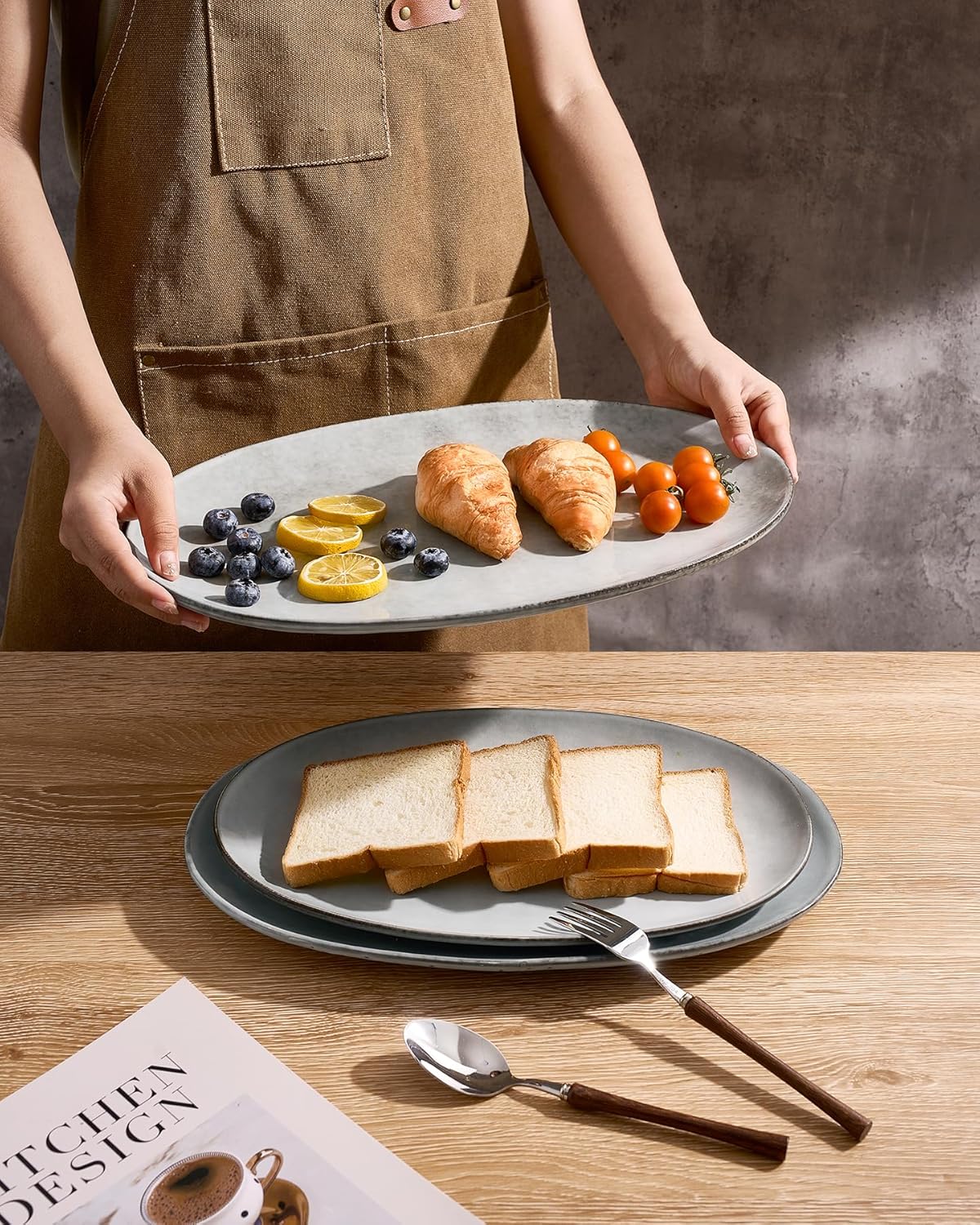 famiware Serving Platter, Oval 15.59/14.3/12.9inch Serving Dishes for Entertaining, Serving Bowls, Microwave Safe, Stoneware Serving Trays for Party, Food, Turkey, Cheese, Ocean Series, Vanilla White