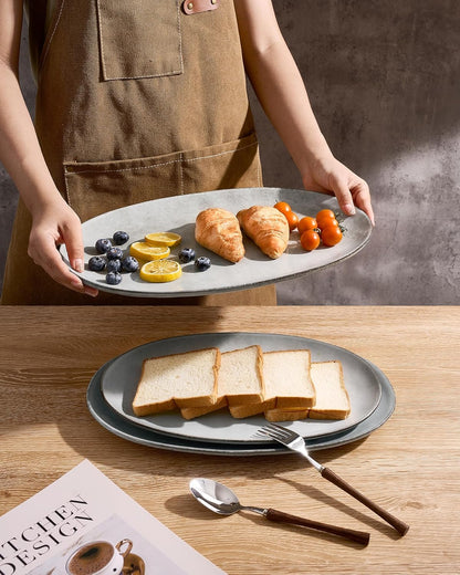 famiware Serving Platter, Oval 15.59/14.3/12.9inch Serving Dishes for Entertaining, Serving Bowls, Microwave Safe, Stoneware Serving Trays for Party, Food, Turkey, Cheese, Ocean Series, Vanilla White