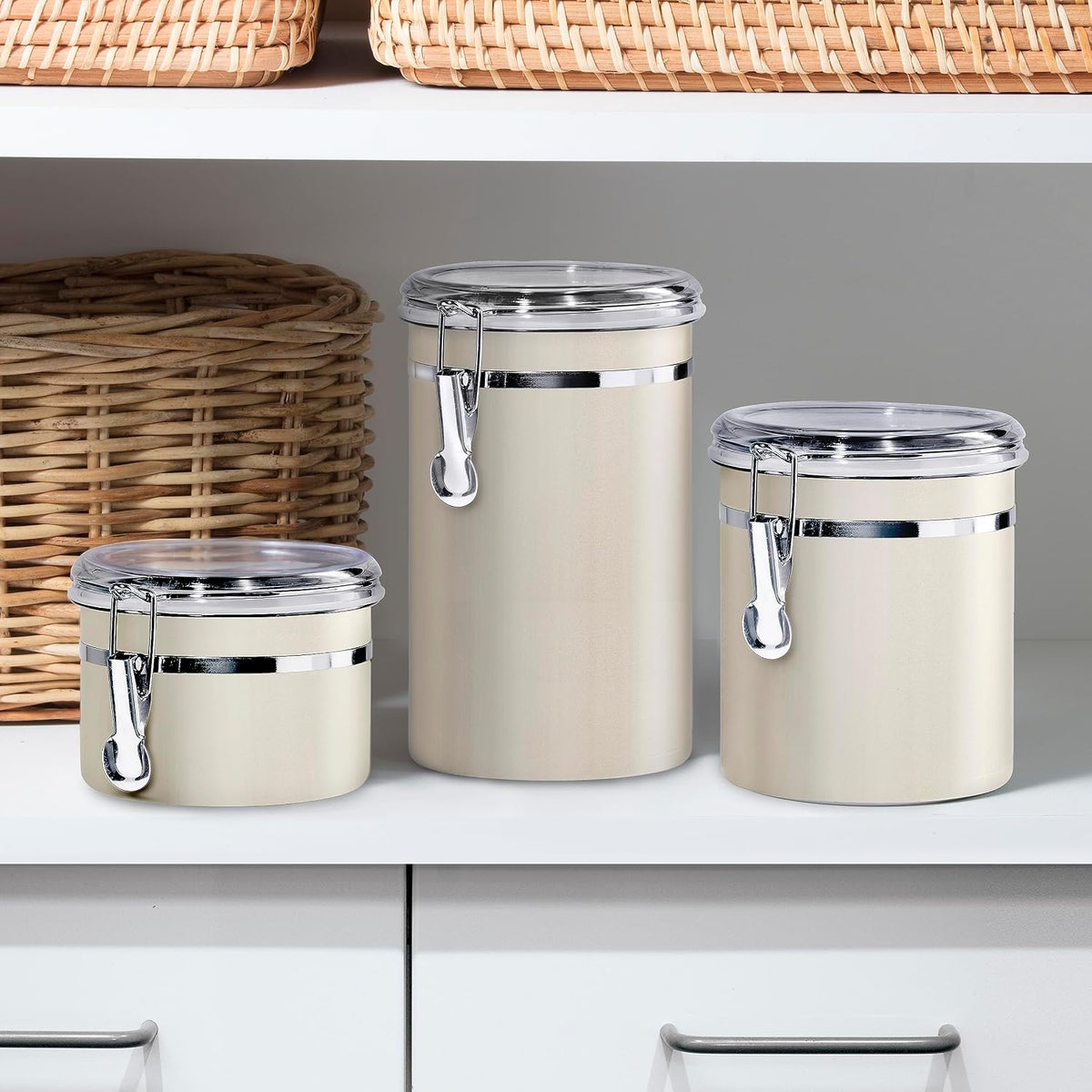 Oggi Stainless Steel Kitchen Canister 62 fl oz - Airtight Clamp Lid, Clear See-Thru Top - Ideal for Kitchen Storage, Food Storage, Pantry Storage. Large Size 5" x 7.5".