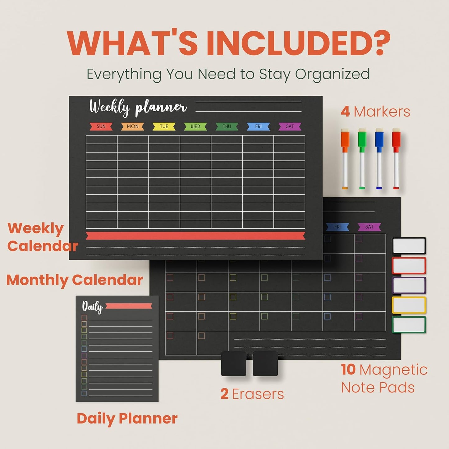 Magnetic Fridge Calendar Dry Erase - Weekly Magnetic Calendar for Refrigerator - Weekly Planner Fridge, Erasers, Markers & Note Pads (Black)