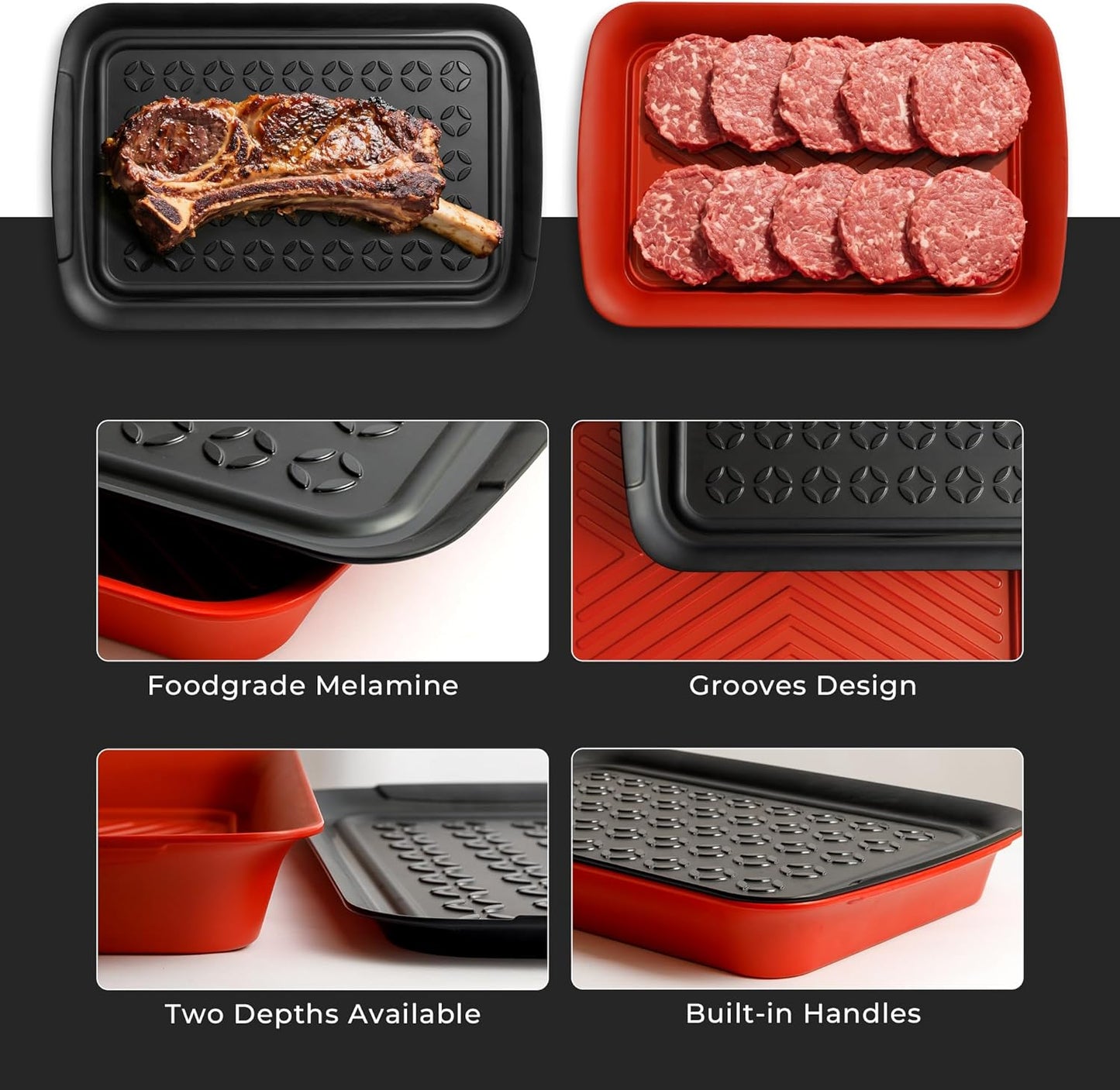 TP Grilling Prep and Serve Trays, 17 x 10.5 inch BBQ Trays for Cooked and Raw Foods, Set of 2 Melamine Serving Platters for Meats, Grill Accessories, Black and Red