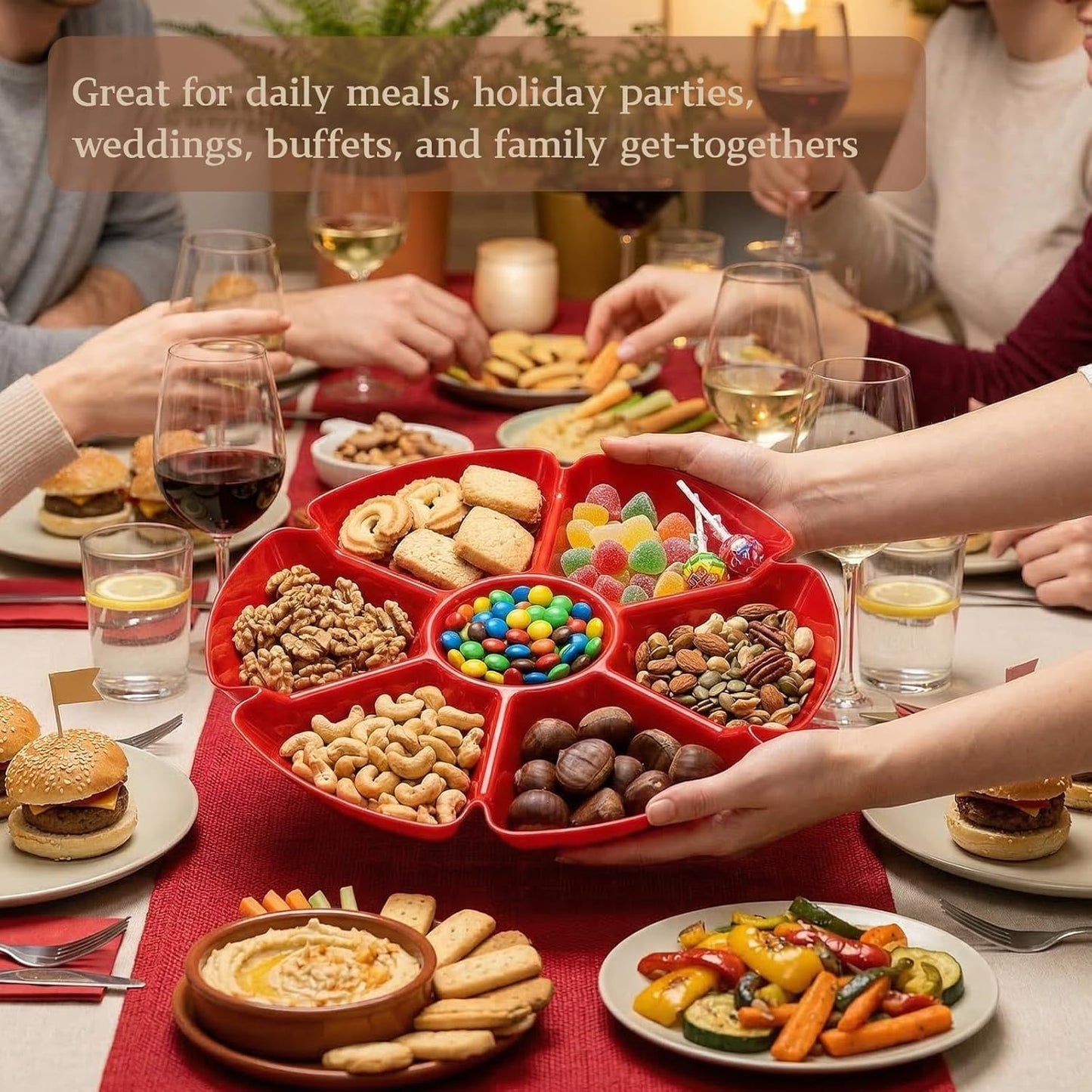 AVLA 12 Pcs Plastic Snack Serving Tray, 12 Inch Unbreakable Chip and Dip Divided Serving Plates, Round 7 Compartments Multifunctional Food Platter for Snack, Nuts, Candy, Dried Fruit, Veggies