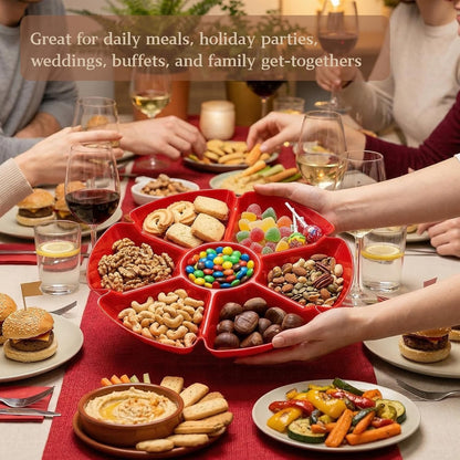 AVLA 12 Pcs Plastic Snack Serving Tray, 12 Inch Unbreakable Chip and Dip Divided Serving Plates, Round 7 Compartments Multifunctional Food Platter for Snack, Nuts, Candy, Dried Fruit, Veggies