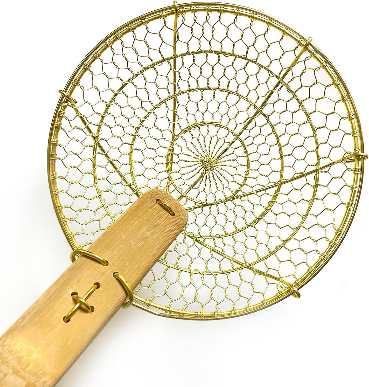 5" & 7" Round Brass Spider Strainer with Bamboo Handles Set Sunrise Kitchen Supply