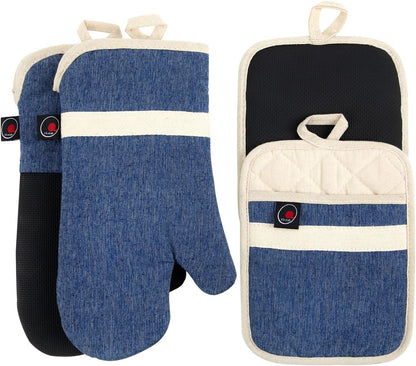 Oven Mitts and PotHolders Sets, 4 Pcs Kitchen Oven Glove High Heat Resistant 400°F Pot Holders for Kitchen, Non-Slip Neoprene Oven Mitts are Suitable for Cooking, Baking (Black)