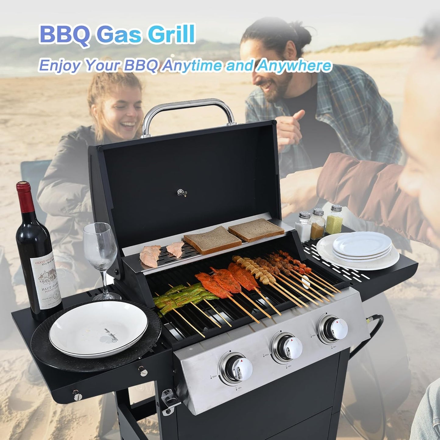 Endark 3-Burner Propane Gas Grill | 26,000 BTU Stainless Steel with Enamel Wire Cooking Grates & Built-In Thermometer | Side Rack Wheels | Great for Patio, Garden, and Outdoor Cooking