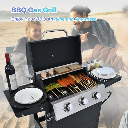 Endark 3-Burner Propane Gas Grill | 26,000 BTU Stainless Steel with Enamel Wire Cooking Grates & Built-In Thermometer | Side Rack Wheels | Great for Patio, Garden, and Outdoor Cooking