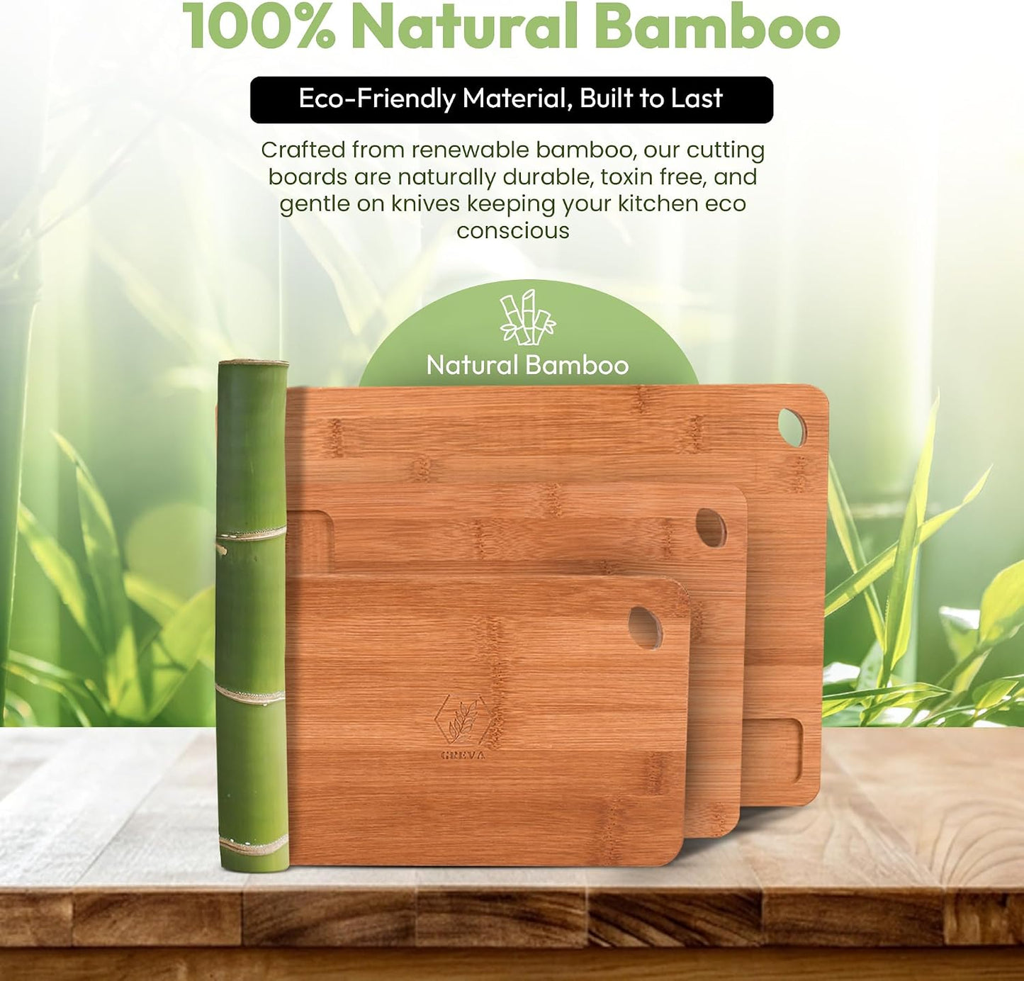 GREVA 3-Piece Premium Bamboo Cutting Board Set with Juice Grooves & Non-Slip Feet | XL, M, S Wood Chopping Boards for: Meat, Vegetables & Charcuterie | INCLUDES 3-in-1 Kitchen GREVA wooden cutlery Set