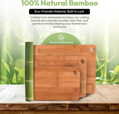 GREVA 3-Piece Premium Bamboo Cutting Board Set with Juice Grooves & Non-Slip Feet | XL, M, S Wood Chopping Boards for: Meat, Vegetables & Charcuterie | INCLUDES 3-in-1 Kitchen GREVA wooden cutlery Set