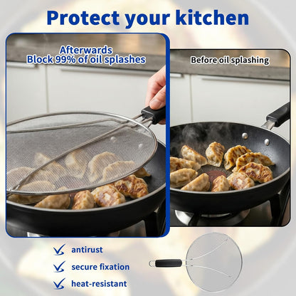 Splatter Screen for Frying Pan - 10’’ Stainless Steel Grease Splatter Guard with Grip Handle- Ultra Fine Mesh Cover Oil Splash when Sizzling Bacon, Cooking Fried Chicken or Popcorn
