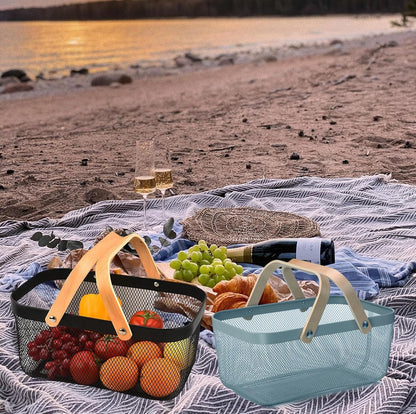 Cheardia 2 Pack Picnic Baskets, Metal Mesh Harvest Basket with Foldable Wooden Handle, Rectangle Garden Storage Basket Bin for Vegetable Fruit Garden Kitchen Cabinet Picking Gathering