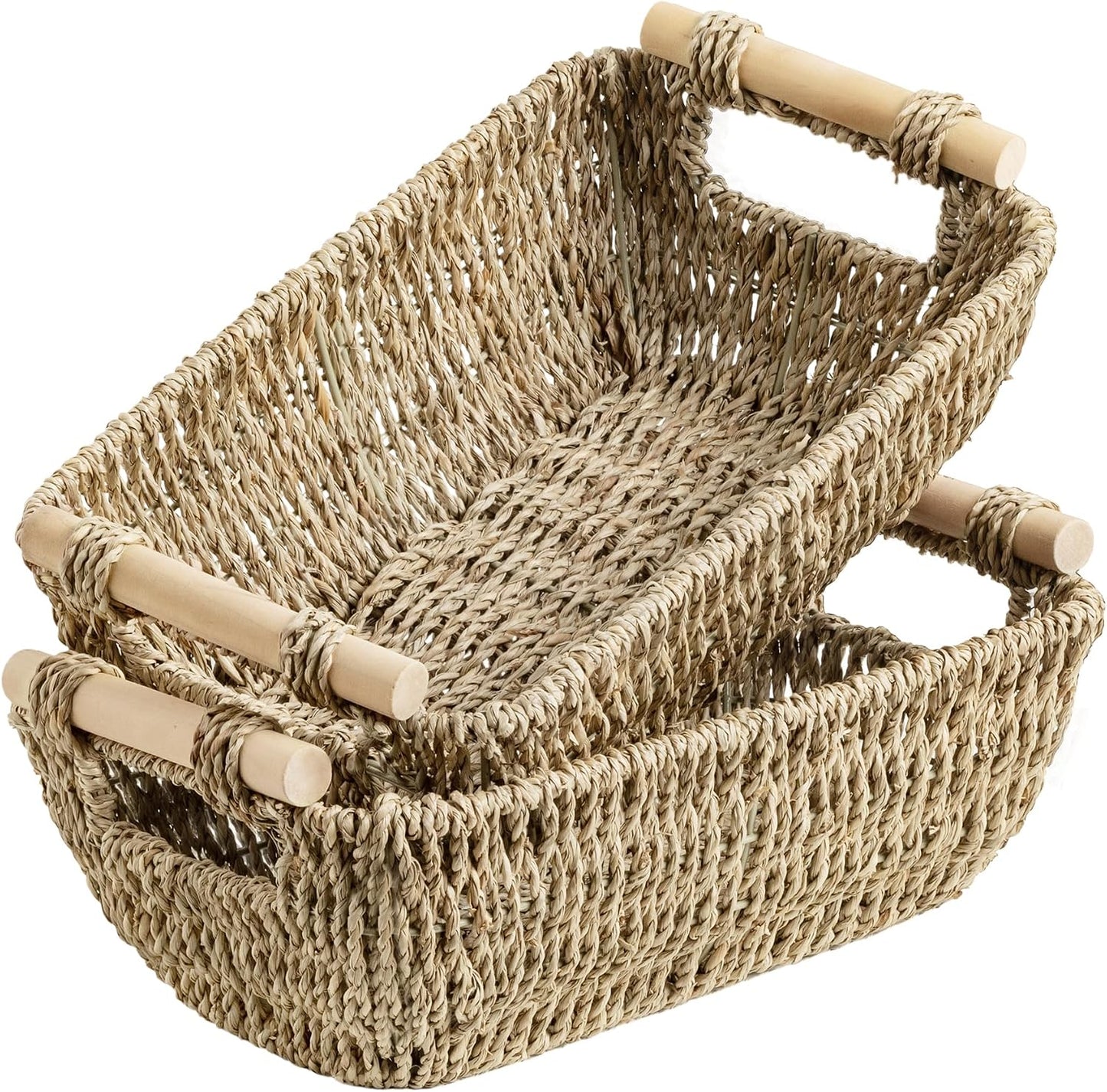 StorageWorks Hand-Woven Storage Baskets with Wooden Handles, Water Hyacinth Wicker Baskets for Organizing, 2 Pack