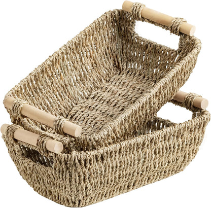 StorageWorks Hand-Woven Storage Baskets with Wooden Handles, Water Hyacinth Wicker Baskets for Organizing, 2 Pack