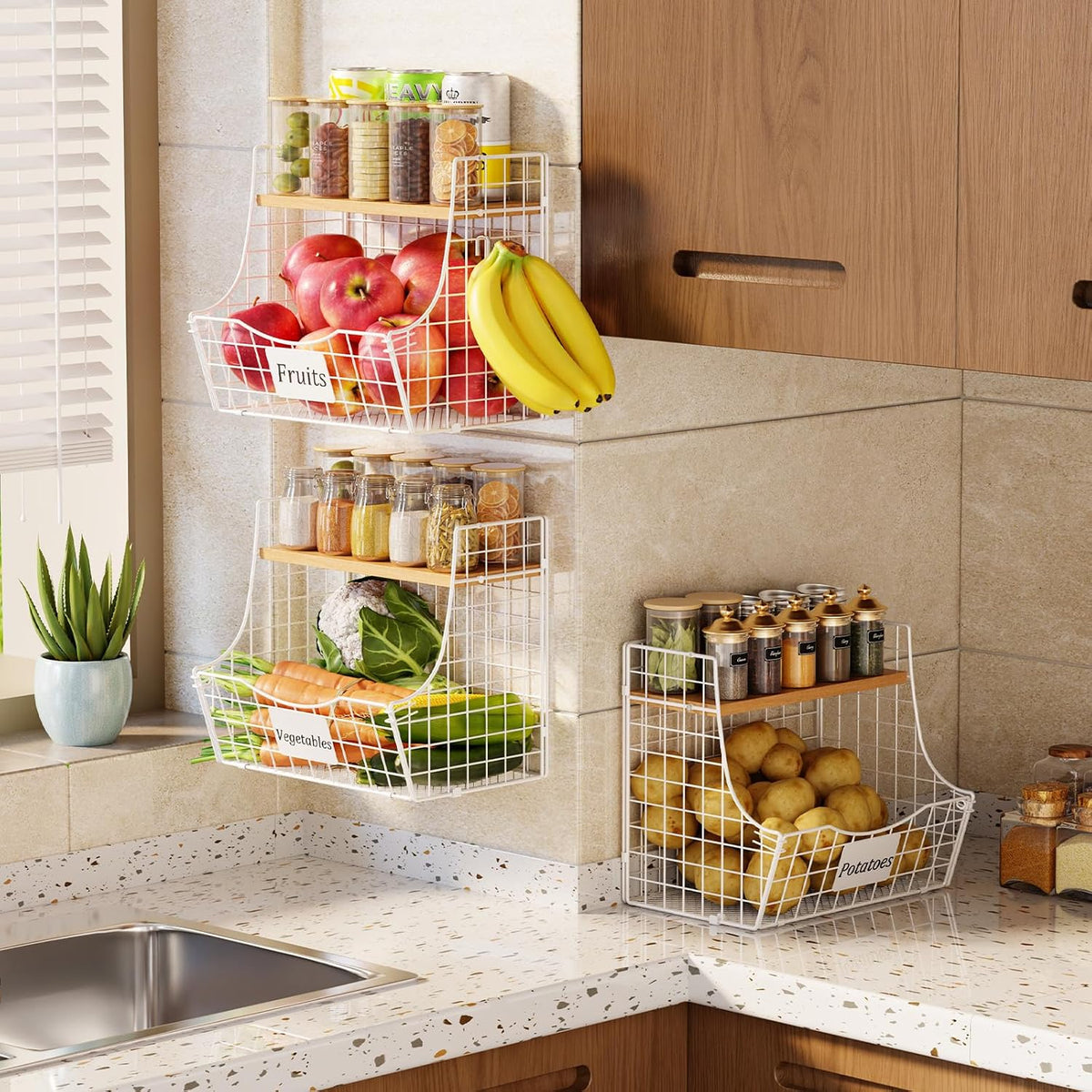 3 Pack Extra Large Fruit Basket for Kitchen with Wood Lid Nameplate - Counter&Wall Mounted Onion and Potato Storage Bin, Stackable Metal Hanging Wire Baskets,15.74 * 8.66 * 10.63 inch