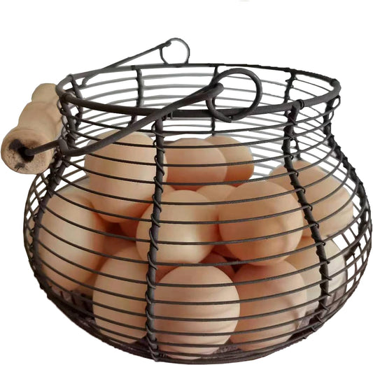 LINCOUNTRY. Farmhouse Wire Egg Baskets for Gathering Fresh Egg With Handle, Round Metal Chicken Egg Collecting Basket Countertop Holder Vintage Style for Kitchen