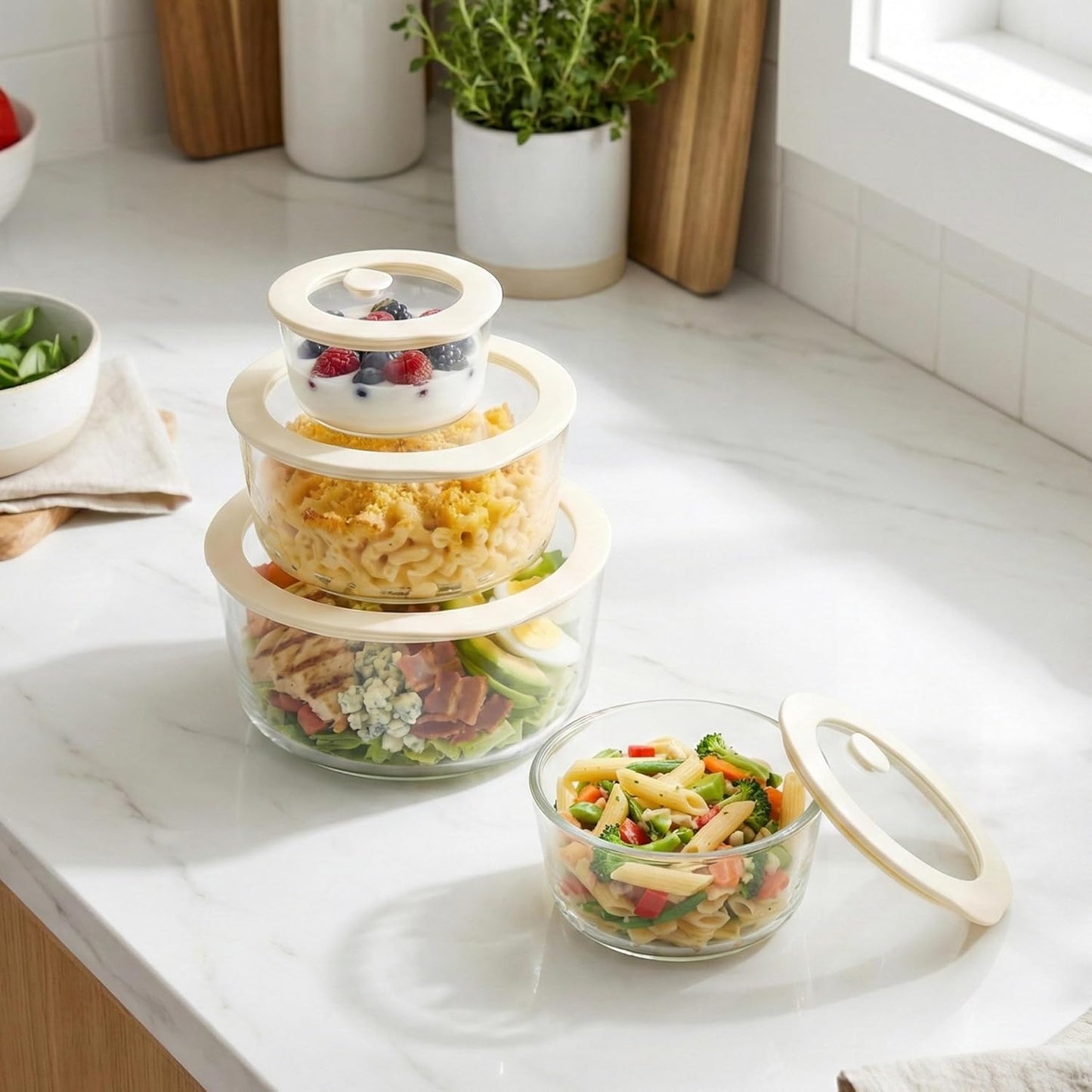 Urban Green Glass Food Container Set with Glass Lid, 3 Pack, Food Storage Containers Set, Airtight, LeakProof, 100% Plastic Free, Meal Prep Containers (White Color)