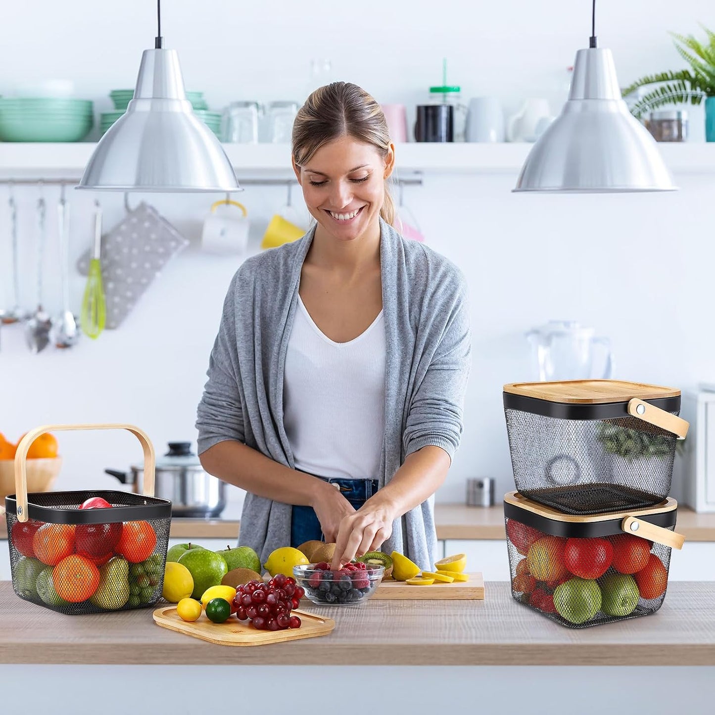 Maxdot 4 Pcs Metal Wire Mesh Fruit Basket with Lid and Handles Black Harvest Basket Fly-proof Fresh Vegetable Storage Bins Stackable for Gathering Kitchen Garden Picnic Shopping 9.6 x 9.6 x 7 Inch