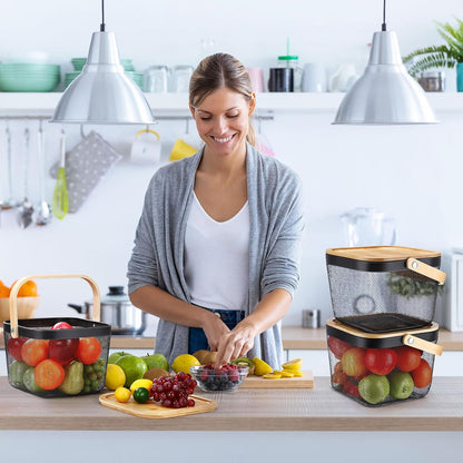 Maxdot 4 Pcs Metal Wire Mesh Fruit Basket with Lid and Handles Black Harvest Basket Fly-proof Fresh Vegetable Storage Bins Stackable for Gathering Kitchen Garden Picnic Shopping 9.6 x 9.6 x 7 Inch