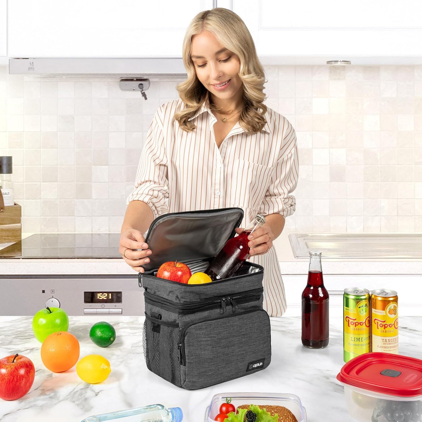 opux Insulated Lunch Bag for Men Women, Large Dual Compartment Cooler Bag, Soft Two Deck Lunch Box for Work School Picnic, Leakproof Lunch Tote with Shoulder Strap for Kid Adult (Purple, Double Deck)