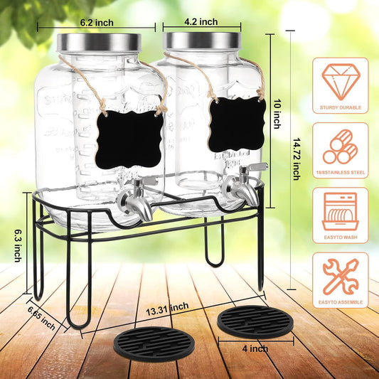 Drink Dispenser,2PACK Glass Drink Dispensers for Parties,1 Gallon Beverage Dispenser with Stand, Stainless Steel Spigot Leak proof,Come with Ice Cylinder,Fruit Tube and 2 Rubber Mats