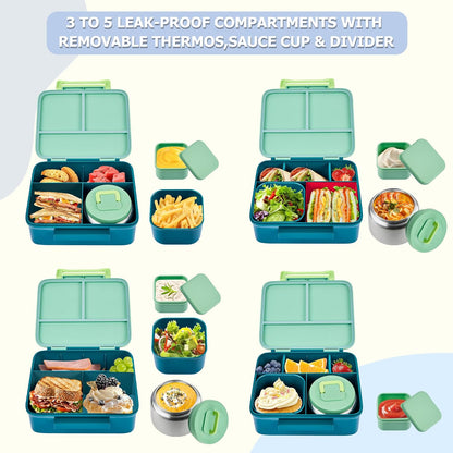 MAISON HUIS Bento Box for Kids with 8oz Soup Thermo, Leak-proof Lunch Food Containers with 5 Compartment, Insulated Lunch Bag & 17oz Stainless Steel Water Bottle for School, Trvael
