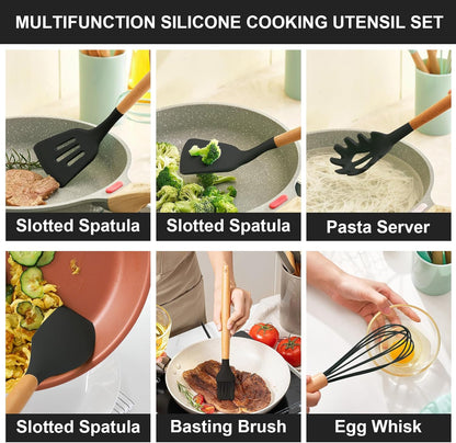 12 pcs Silicone Cooking Utensils Kitchen Utensil Set with Holder Heat Resistant Silicone Spatula Turner Set Wooden Spoons Kitchen Gadgets Tools Cooking Utensils for Nonstick Cookware (White)