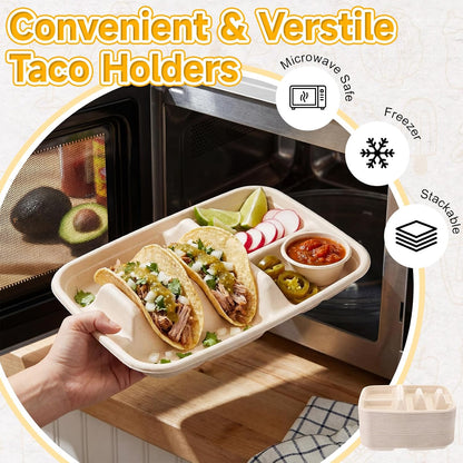 50 Pack Disposable Taco Plates for 2 Tacos & 2 Sides Fiesta Tacos Stand Holder Paper Plates with Dividers for Taco Bar Serving Party Supplies