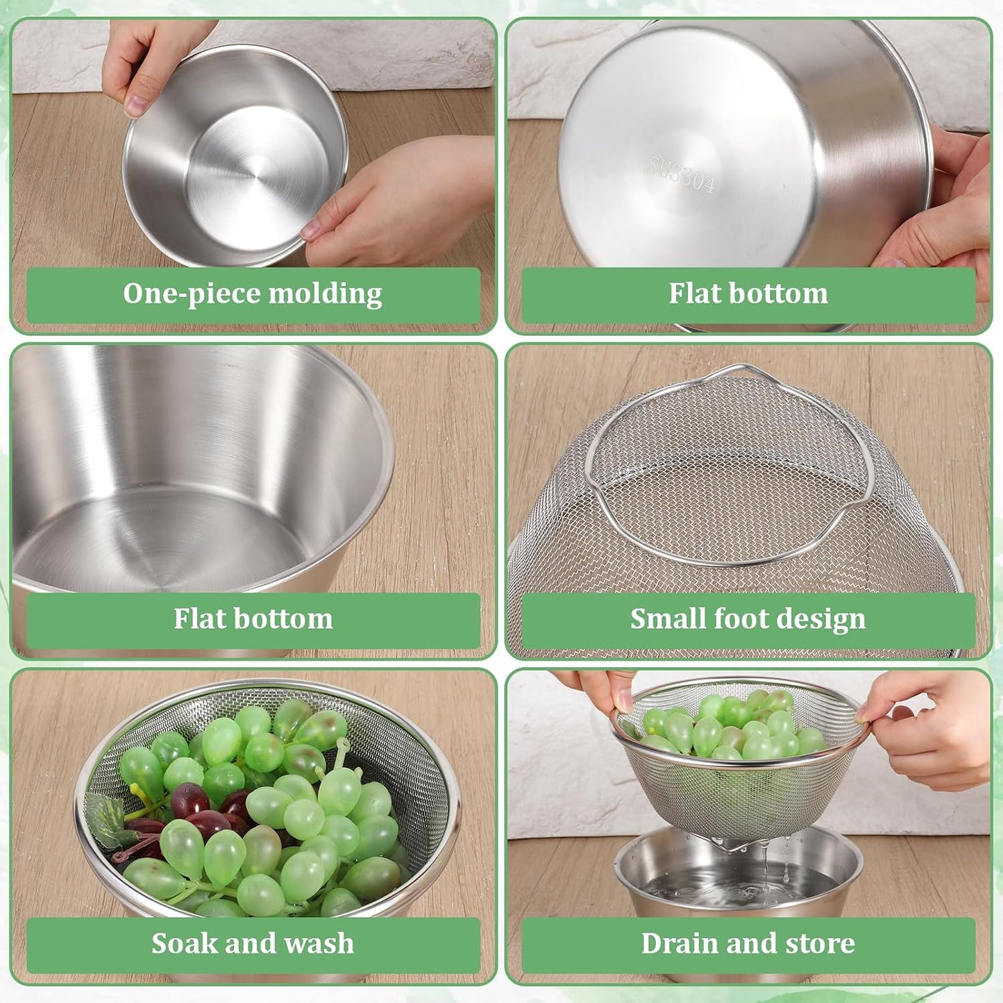 4 Pcs 304 Stainless Steel Colander with Mixing Bowl, Mini Rice Strainer with Bowl, Stainless Steel Small Mixing Colander for Kitchen Cooking, Washing Fruits and Vegetables(900ML & 600ML)