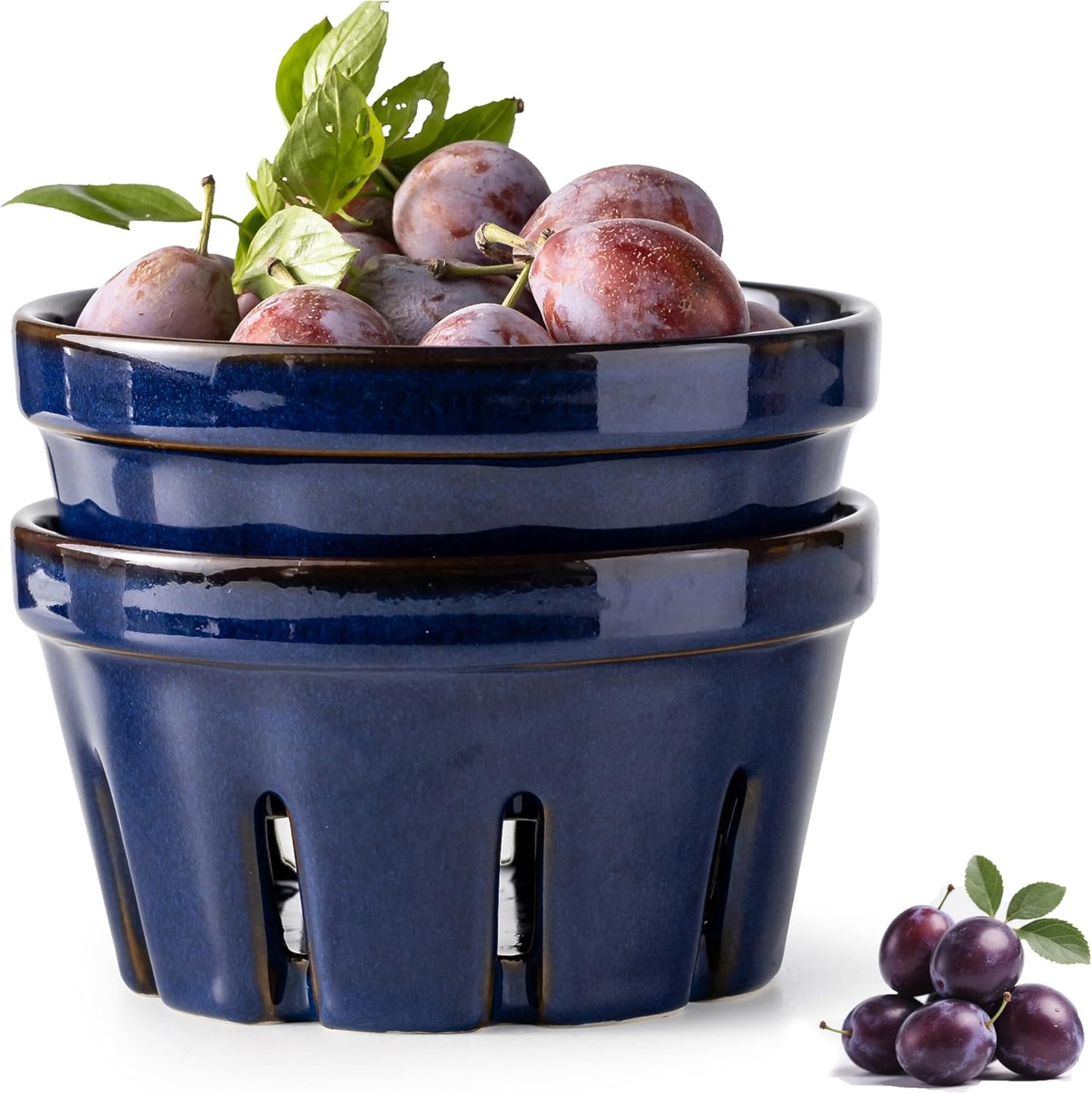 Gomakren Berry Bowls with Holes Ceramic, Berry Washing Bowl Basket Set of 2, 5.8 Inch Round Fruit Bowl Storage Containers, Strawberry Baskets, Farmhouse Kitchen Decor, Yellow + Brown
