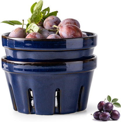 Gomakren Berry Bowls with Holes Ceramic, Berry Washing Bowl Basket Set of 2, 5.8 Inch Round Fruit Bowl Storage Containers, Strawberry Baskets, Farmhouse Kitchen Decor, Yellow + Brown