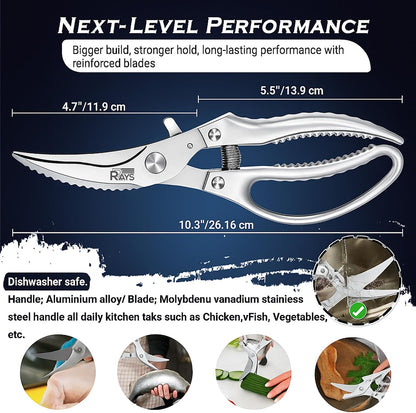 Heavy Duty Kitchen Shears – Poultry Shears and Kitchen Scissors for Chicken,Turkey, Bone, Meat & Fish – Spring Loaded Spatchcocking Shears – Dishwasher Safe with Safety Lock, Gift Box Included
