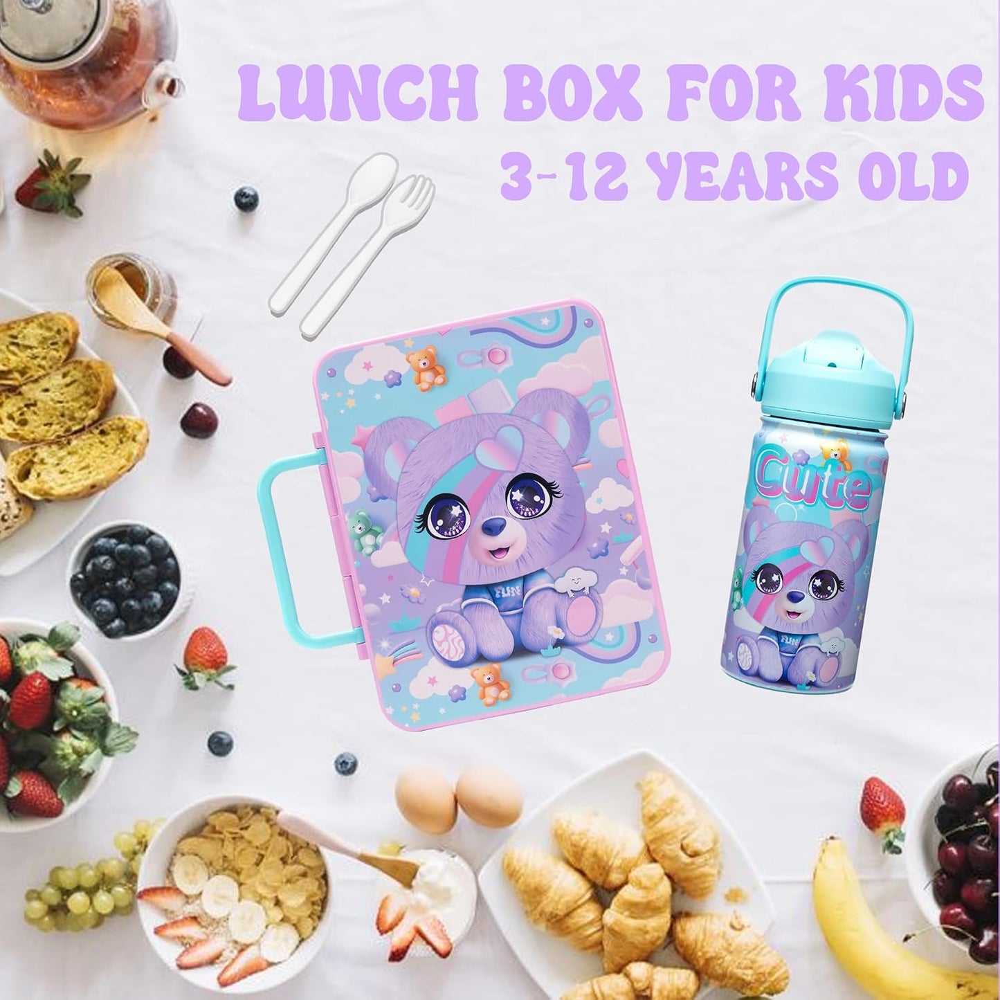Kids Bento Lunch Box with 6 Compartments Girls Lunch Box with Lunch Bag,Stainless Steel Water Bottle,Ice Pack & Utensils Set,Birthday Gifts for Ages 3-12 Back to School Toddler Girls