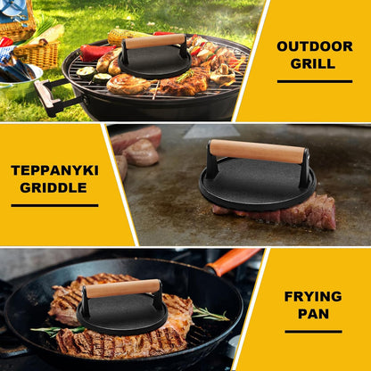AIVIKI Burger Press, Smash Burger Press for Blackstone Griddle, Heavy Duty Cast Iron Round 6.9In & Rectangular 8.2x4.2In Bacon Grill Press with Wood Handle, Meat Steak Weight for Sandwich, Paninis