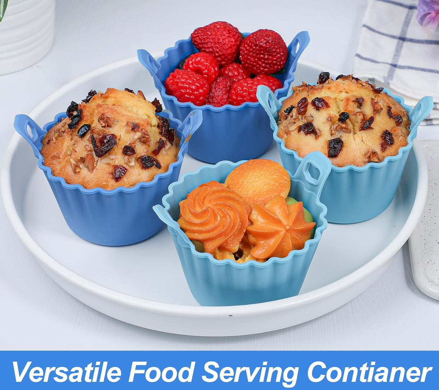 Koluti Nonstick Silicone Muffin Baking Cups Pack of 12, Reusable Cupcake Molds with Double Handle, BPA Free, Mini Round Air Fryer Cupcakes Liner, 3 Colors