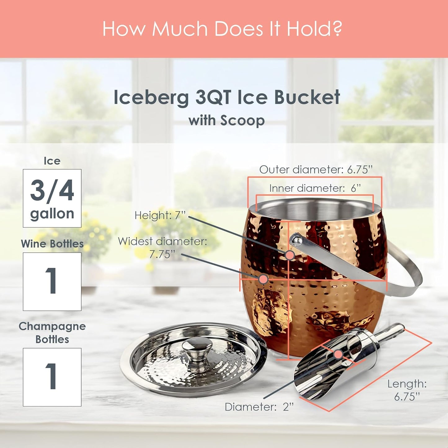 BREKX 3-QT Insulated Ice Buckets for Parties with Lid and Scoop - Iceberg Anchored Wine Chiller Champagne Bucket for Cocktail Bar, Metal Bucket with Lid, Non-Sweat