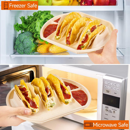 24 PCS Large Disposable Taco Holder for Party, Cornstarch Plates, Stand for 3 Tacos, 2 Dipping Areas, Fiesta Trays for Tuesday, Bar Serving Set, Microwave Safe