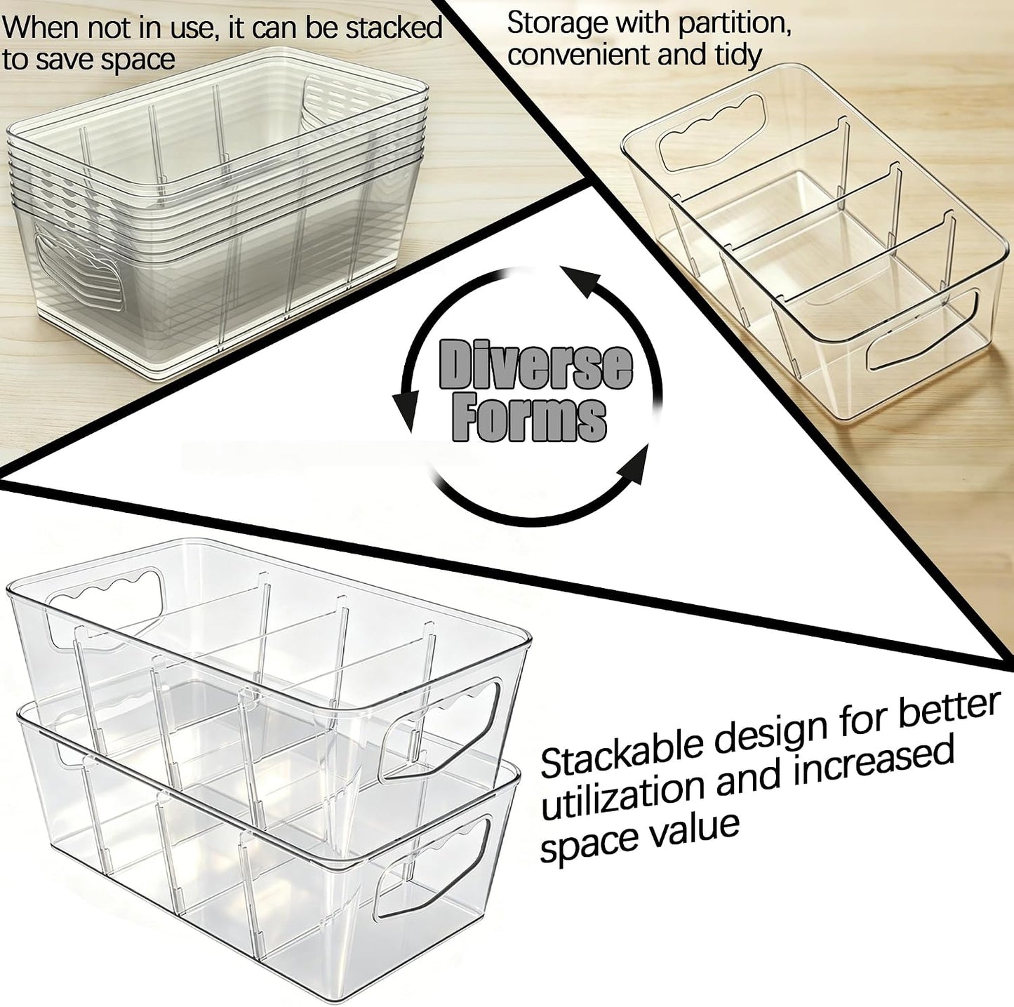 SPACELEAD 10 Pack Ultimate Clear Organizer Bins with Removable Dividers | The complete house organization solution for large families.Categorize everything from laundry supplies to pantry bulk items.