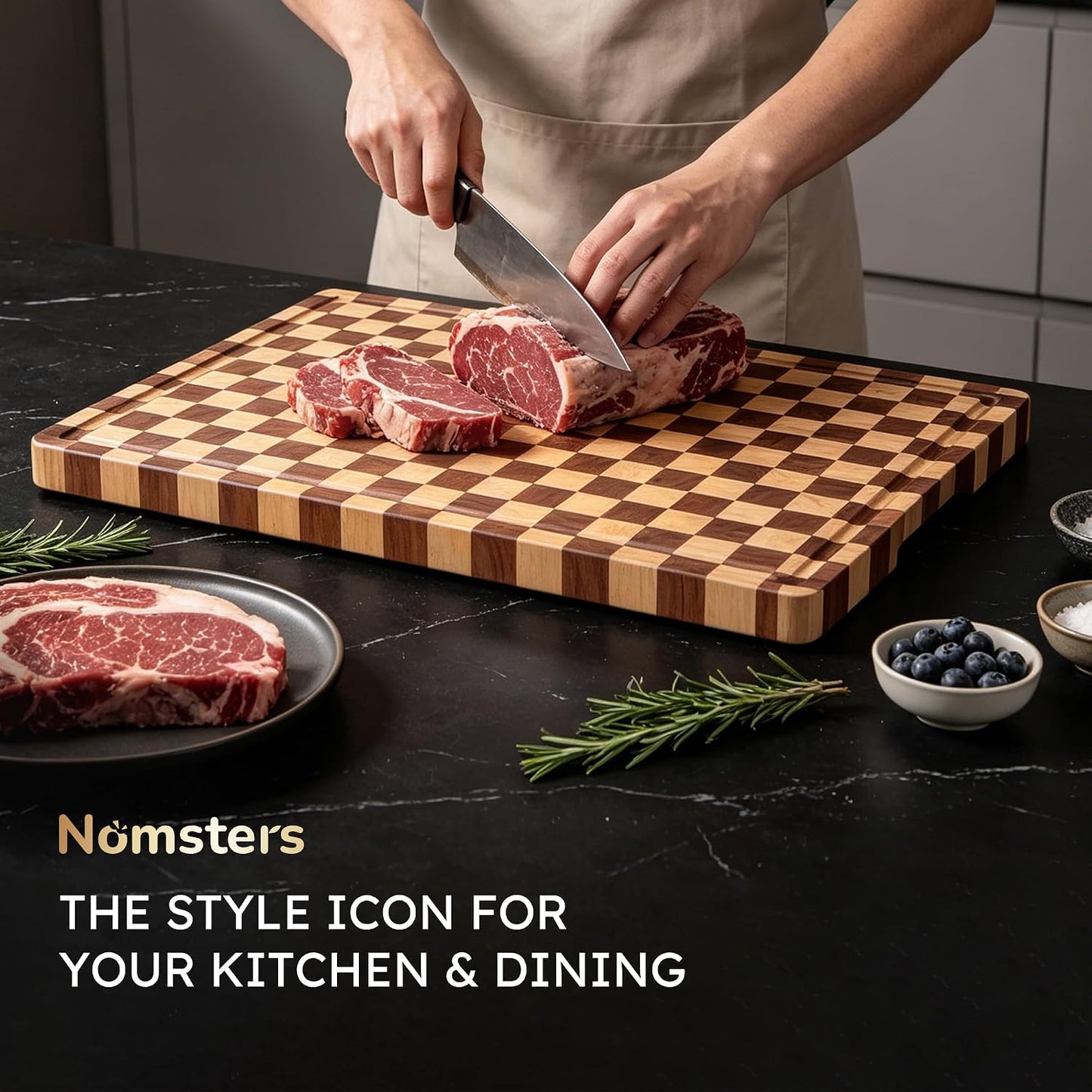 3 Packs Cutting Boards for Kitchen Checkered Cutting Board Acacia Wood Charcuterie Board Serving Heavy Duty Non Toxic Slip Butcher Block Wood Chopping Board with Juice Grooves Handles