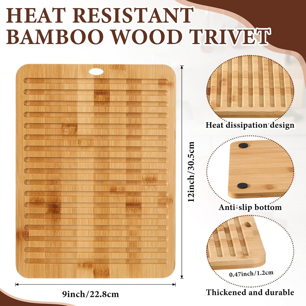 12 x 9 Inches Acacia Wood Trivet Mat Thicken Wooden Hot Pads Trivets Heat Resistant Non Slip Pads for Table Countertop Hot Dishes Holder Pot Bowl Teapot Kitchen Counter Protector