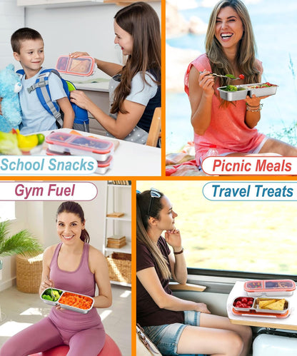 KTKUDY Stainless Steel Snack Container for Kids & Adults - Large - Leak-Proof 3-Compartment Stackable Snack Lunch Box for Daycare, School, Work & Travel